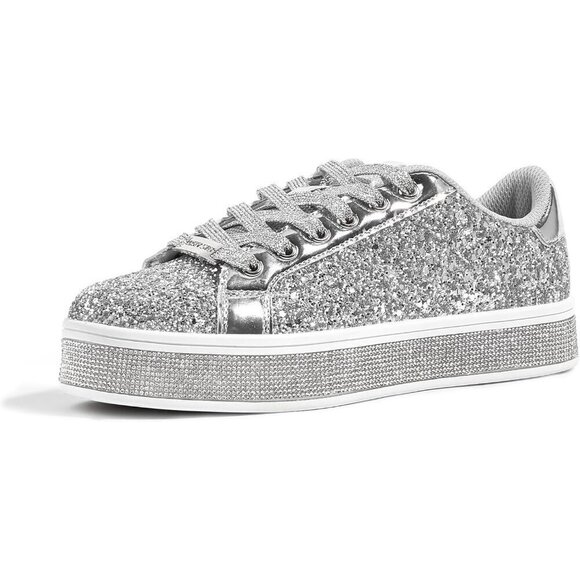 Women's Silver  Platform Glitter Sneakers | Sparkly Bling Shiny Dressy - Picture 2 of 9